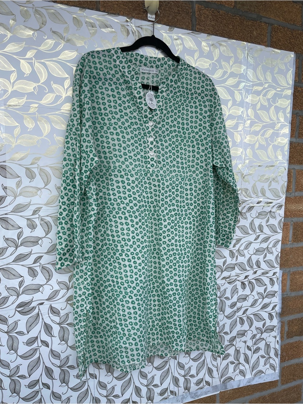Mahogany Cleo Tunic Top 1X Green Floral Cotton Block Print Boho Cottagecore - Picture 2 of 10